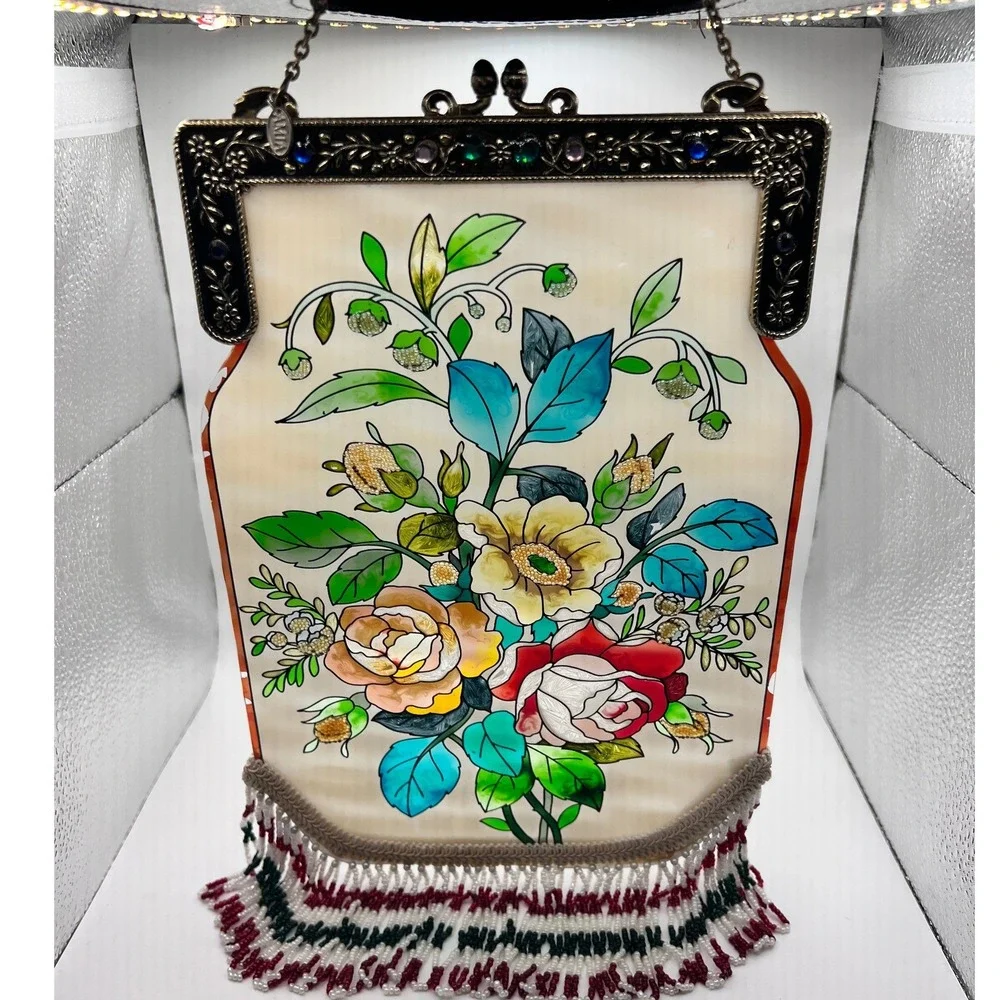 Amia Stained Glass Floral Evening Bag Small Multicolor Excellent Beaded Fringe
